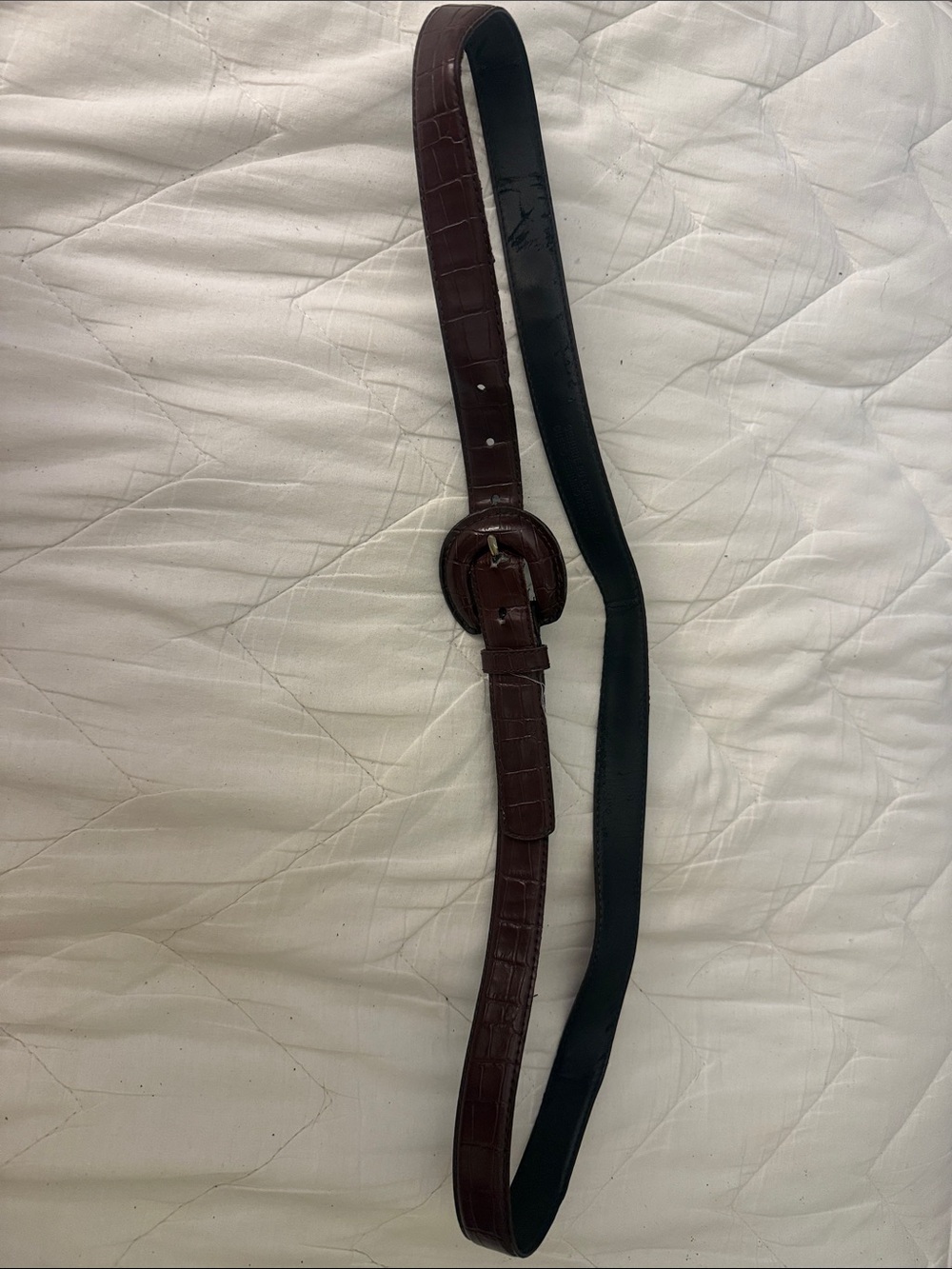 Brown Croc-Embossed Leather Belt with Round Buckle